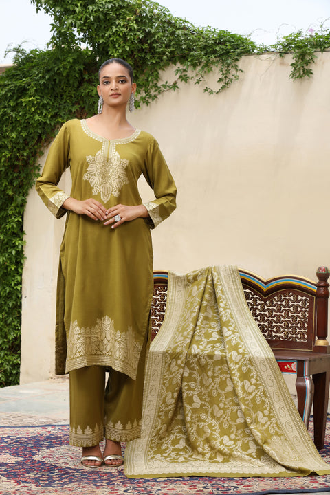 Olive Green Woolen Embroidered Kurta Set with Matching Shawl
