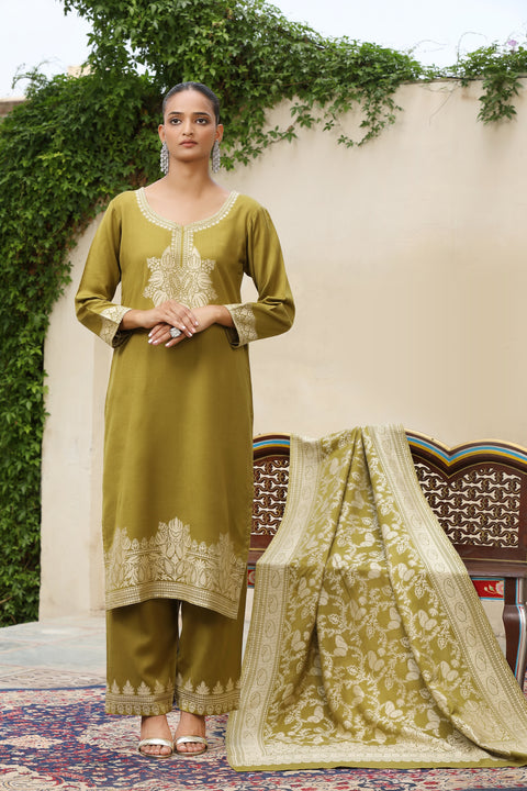 Olive Green Woolen Embroidered Kurta Set with Matching Shawl