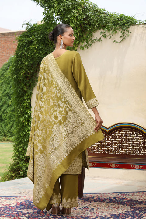 Olive Green Woolen Embroidered Kurta Set with Matching Shawl