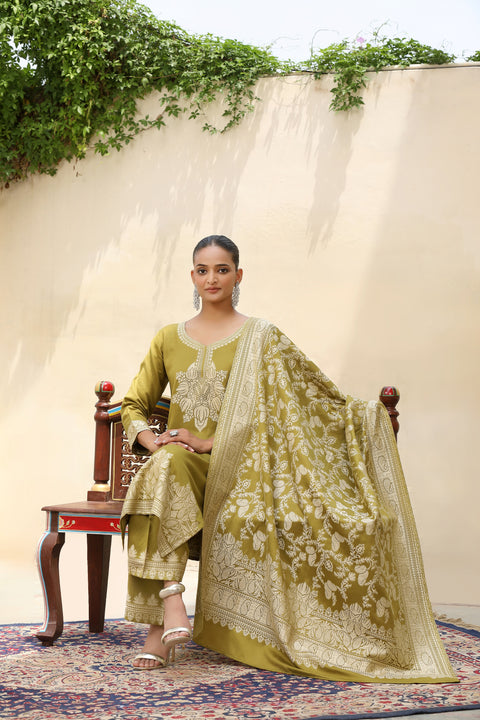 Olive Green Woolen Embroidered Kurta Set with Matching Shawl