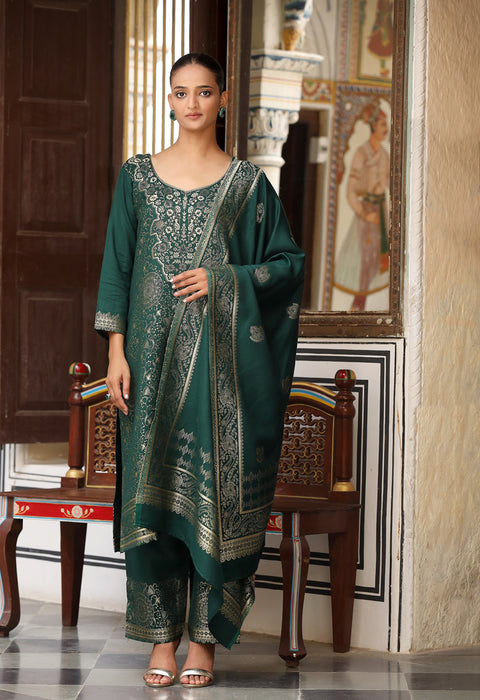 Designer Green Winter Suit Set with Intricate Thread Embroidery