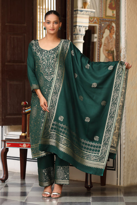 Designer Green Winter Suit Set with Intricate Thread Embroidery