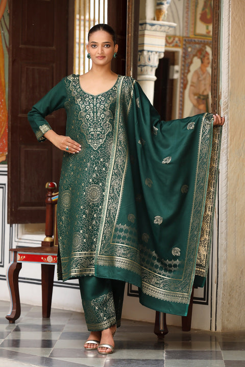 Designer Green Winter Suit Set with Intricate Thread Embroidery