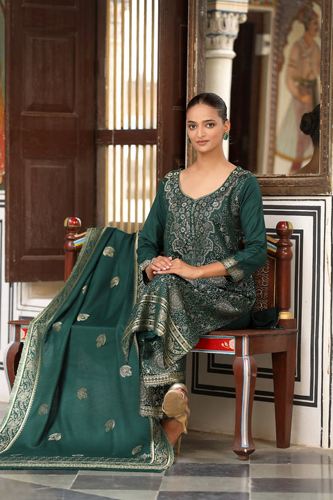 Designer Green Winter Suit Set with Intricate Thread Embroidery