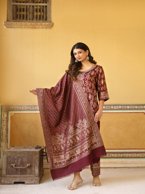 Kidar's Wine Acrylic Woolen Kurta Set