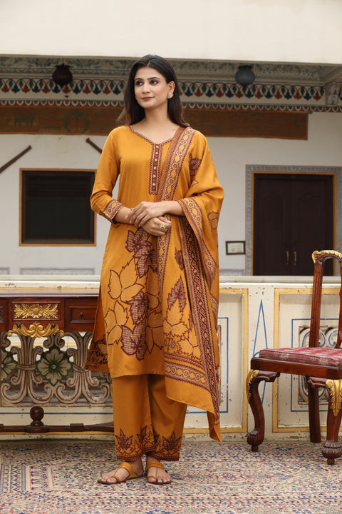 Mustard Woolen Kurta Set with Dupatta & Thread Embroidery