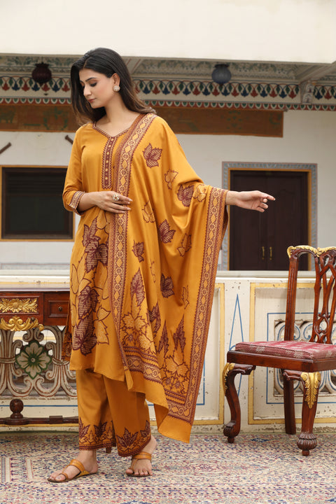 Mustard Woolen Kurta Set with Dupatta & Thread Embroidery