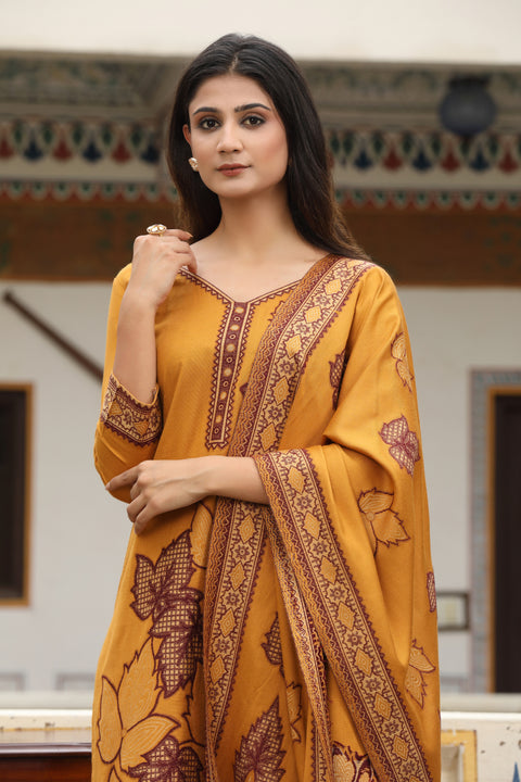 Mustard Woolen Kurta Set with Dupatta & Thread Embroidery