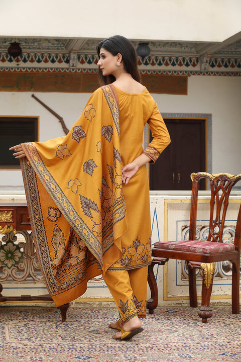 Mustard Woolen Kurta Set with Dupatta & Thread Embroidery
