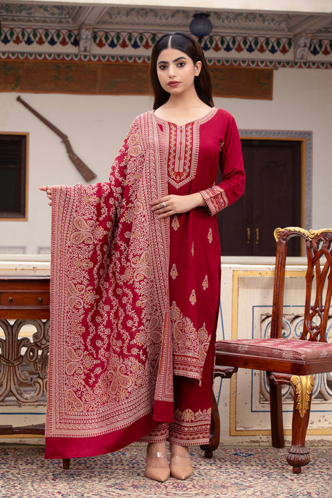 Stylish Woolen Kurta Set with All-Over Embroidery – Maroon Shade