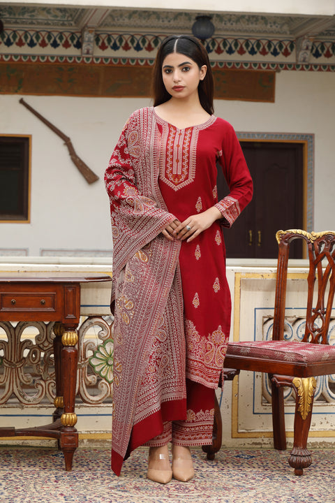 Stylish Woolen Kurta Set with All-Over Embroidery – Maroon Shade