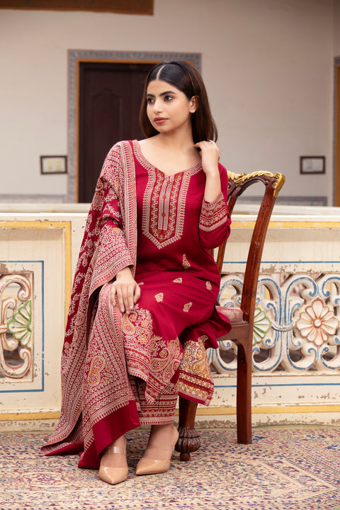 Stylish Woolen Kurta Set with All-Over Embroidery – Maroon Shade