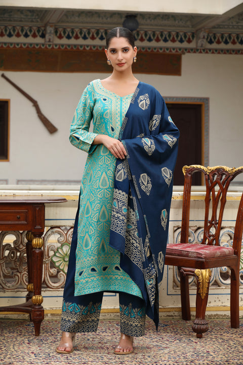 Premium Woollen Printed Kurta Set with Contrasting Dupatta
