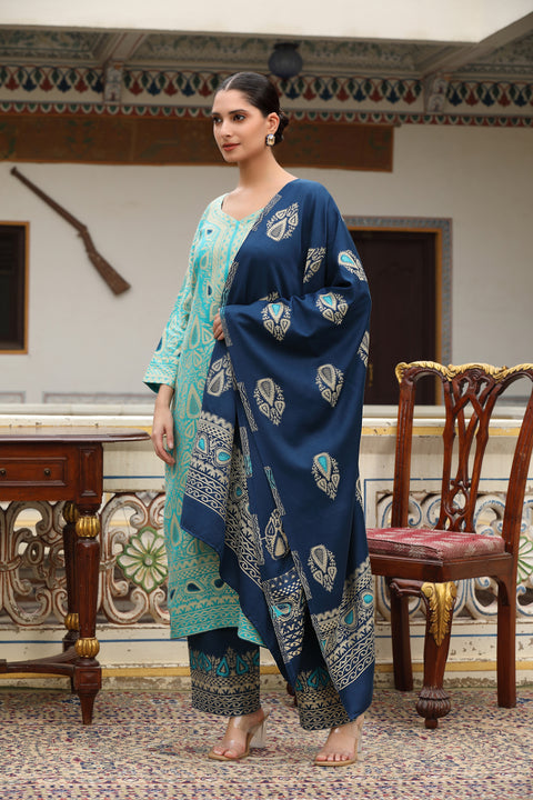 Premium Woollen Printed Kurta Set with Contrasting Dupatta