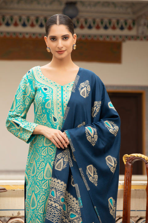 Premium Woollen Printed Kurta Set with Contrasting Dupatta