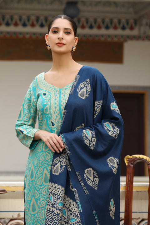 Premium Woollen Printed Kurta Set with Contrasting Dupatta