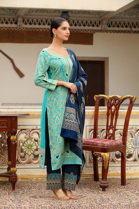 Premium Woollen Printed Kurta Set with Contrasting Dupatta