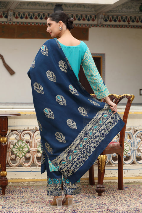 Premium Woollen Printed Kurta Set with Contrasting Dupatta