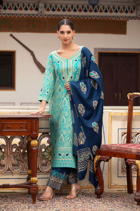 Premium Woollen Printed Kurta Set with Contrasting Dupatta