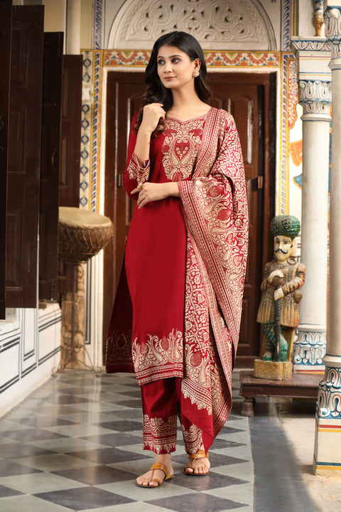 Luxury Maroon Wool Kurta Pant Set with Golden Zari Thread Work