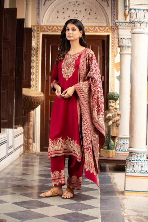 Luxury Maroon Wool Kurta Pant Set with Golden Zari Thread Work