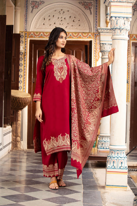 Luxury Maroon Wool Kurta Pant Set with Golden Zari Thread Work