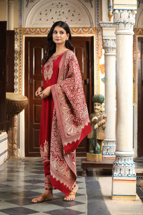 Luxury Maroon Wool Kurta Pant Set with Golden Zari Thread Work