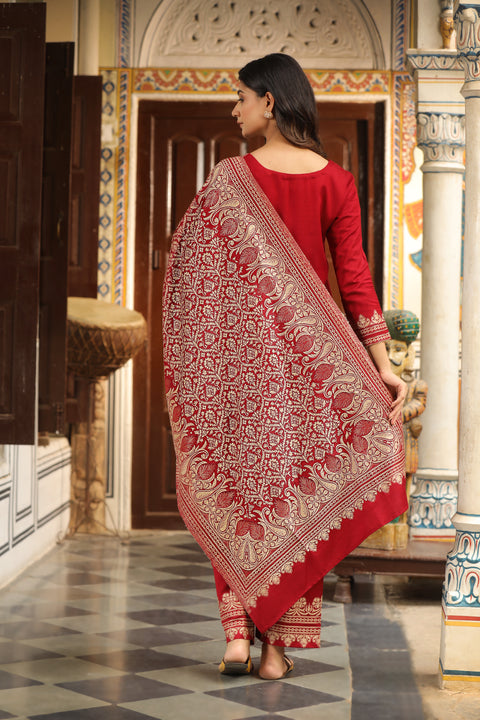 Luxury Maroon Wool Kurta Pant Set with Golden Zari Thread Work