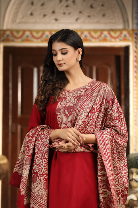 Luxury Maroon Wool Kurta Pant Set with Golden Zari Thread Work