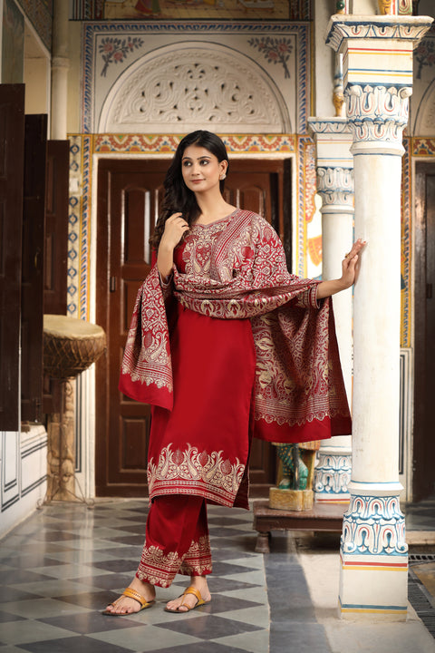Luxury Maroon Wool Kurta Pant Set with Golden Zari Thread Work