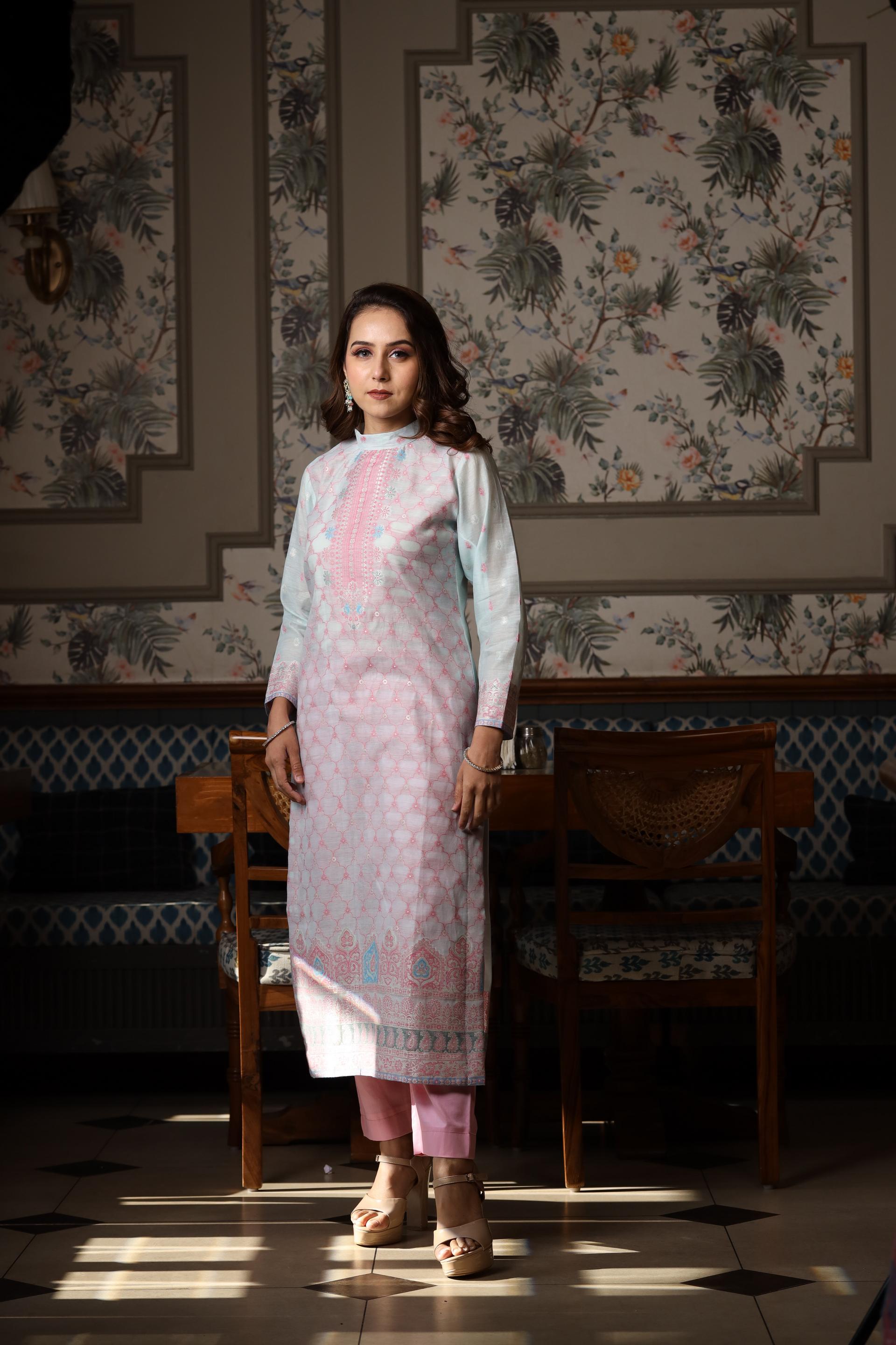 Kidar's Unstitched Cotton Silk Suit in Pink