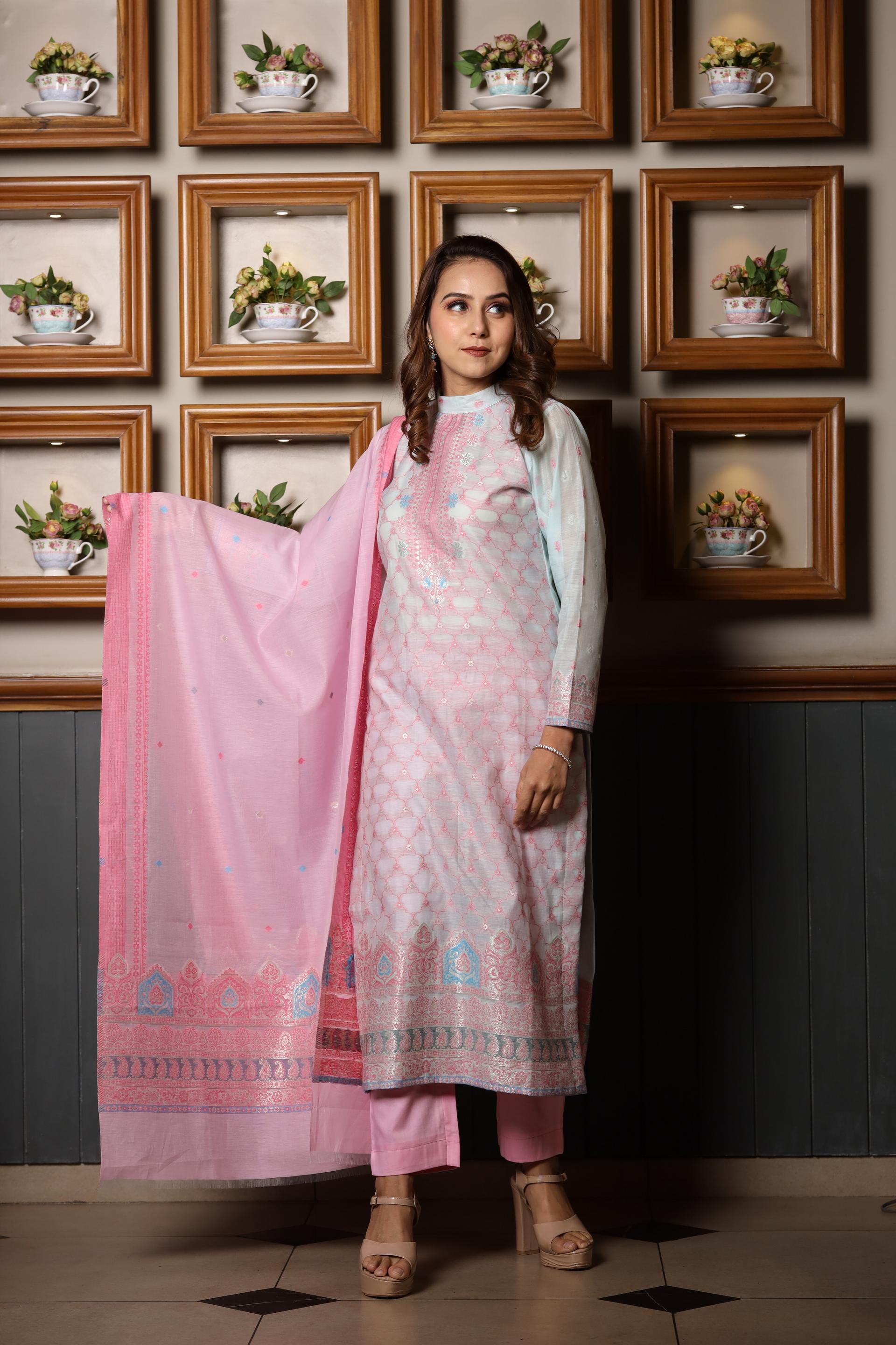 Kidar's Unstitched Cotton Silk Suit in Pink