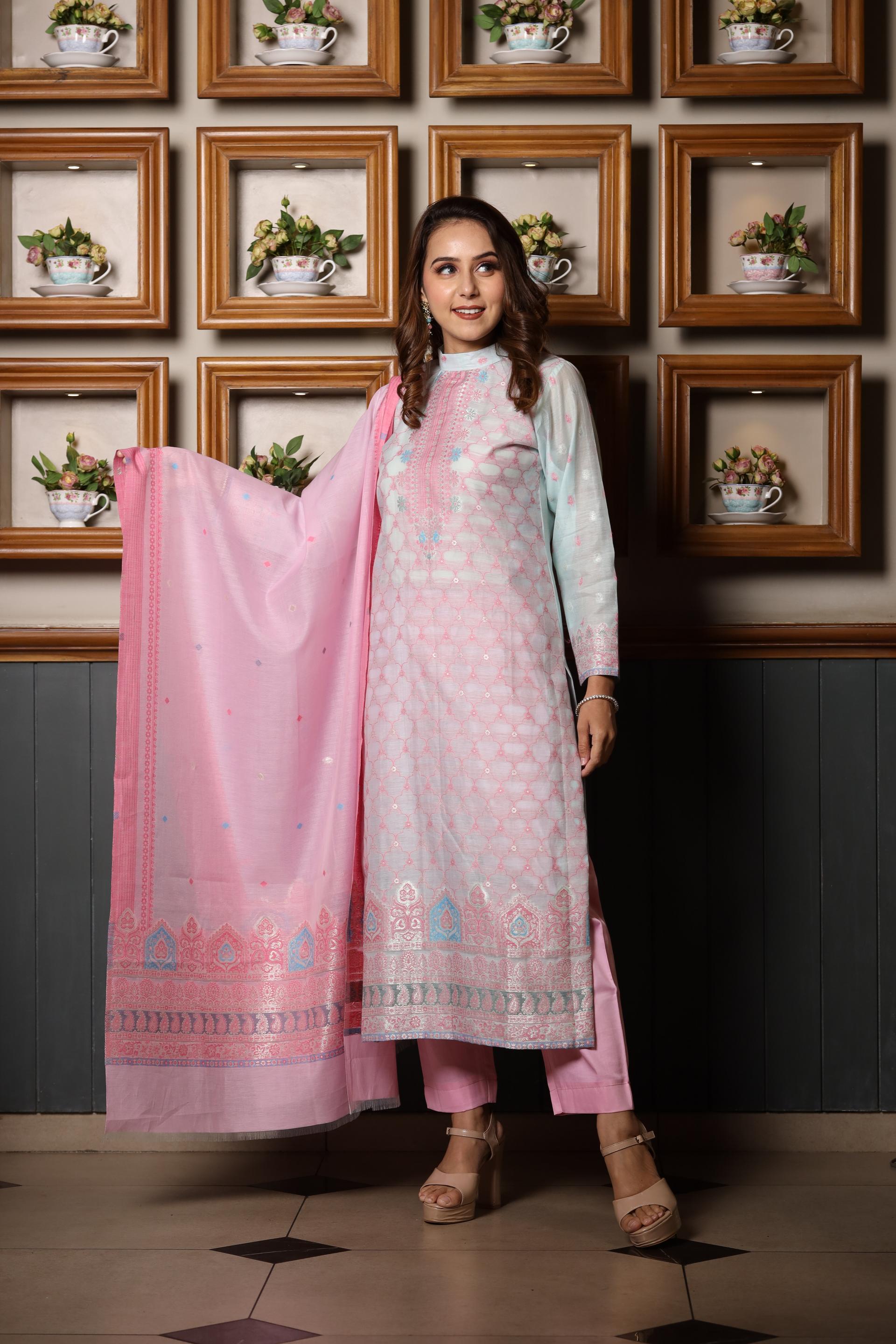 Kidar's Unstitched Cotton Silk Suit in Pink