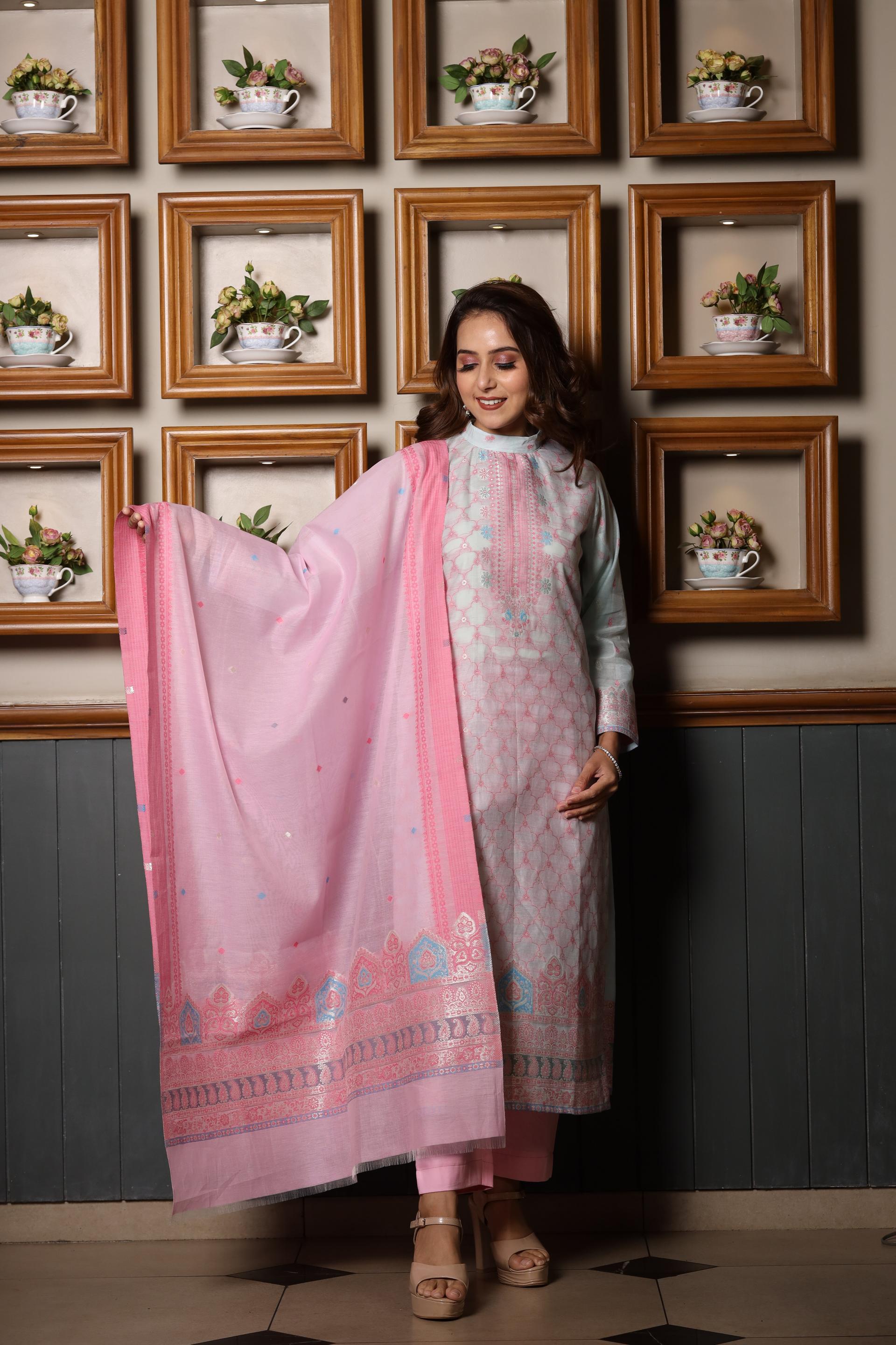 Kidar's Unstitched Cotton Silk Suit in Pink