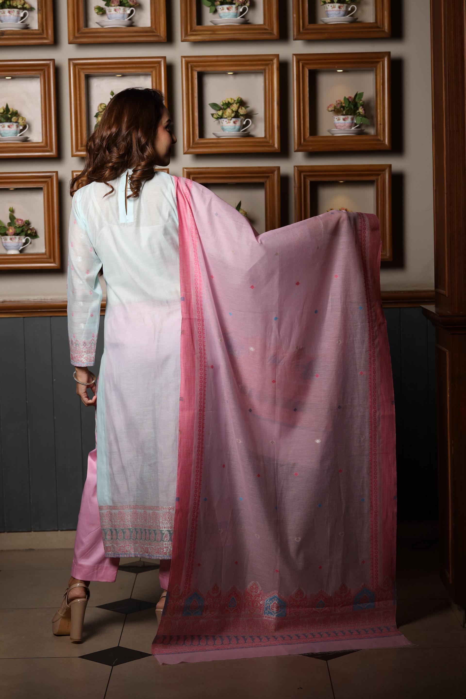 Kidar's Unstitched Cotton Silk Suit in Pink