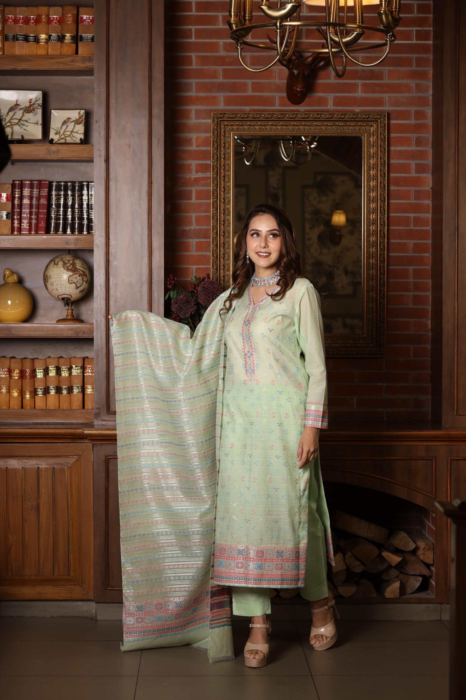 Kidar's Unstitched Cotton Silk Suit In Pista