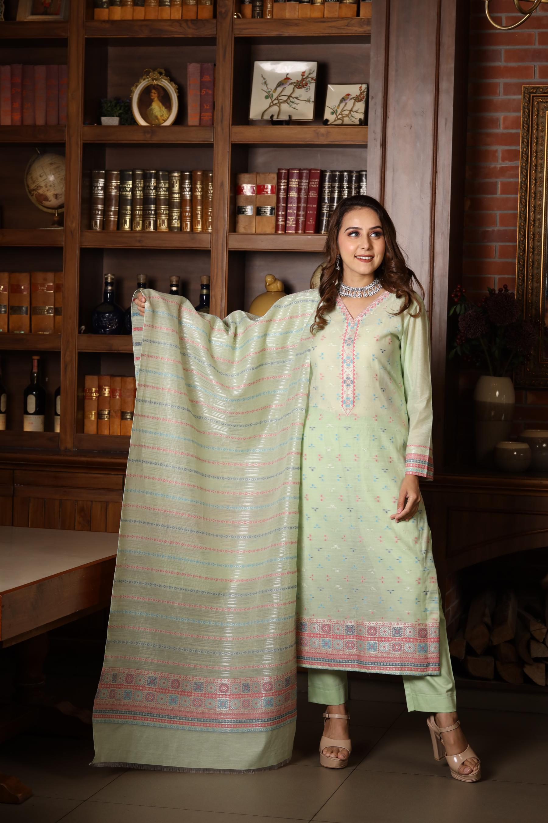 Kidar's Unstitched Cotton Silk Suit In Pista