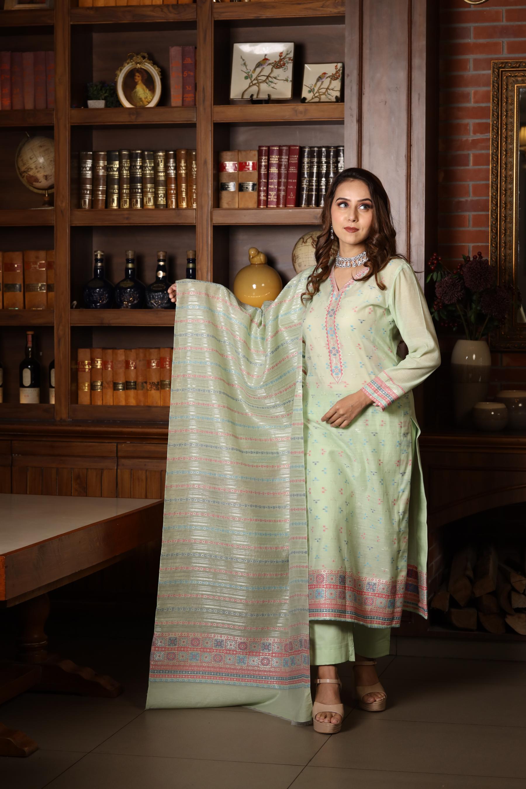 Kidar's Unstitched Cotton Silk Suit In Pista