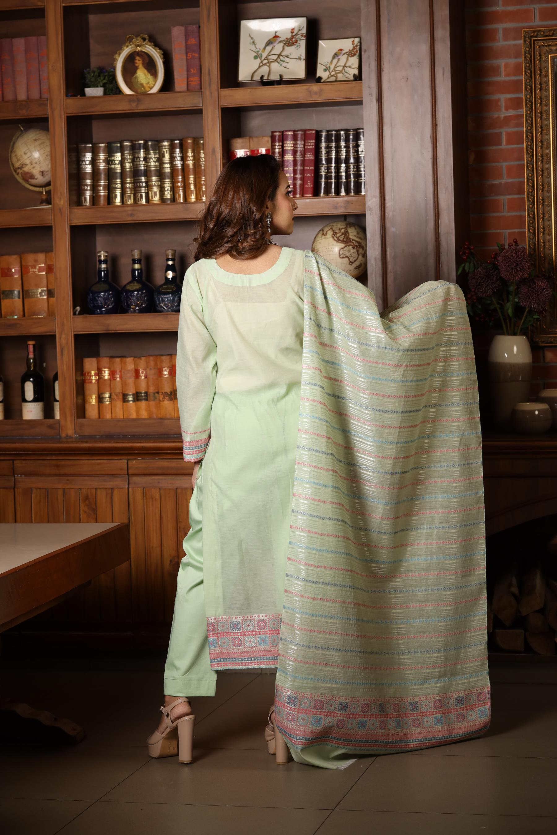 Kidar's Unstitched Cotton Silk Suit In Pista