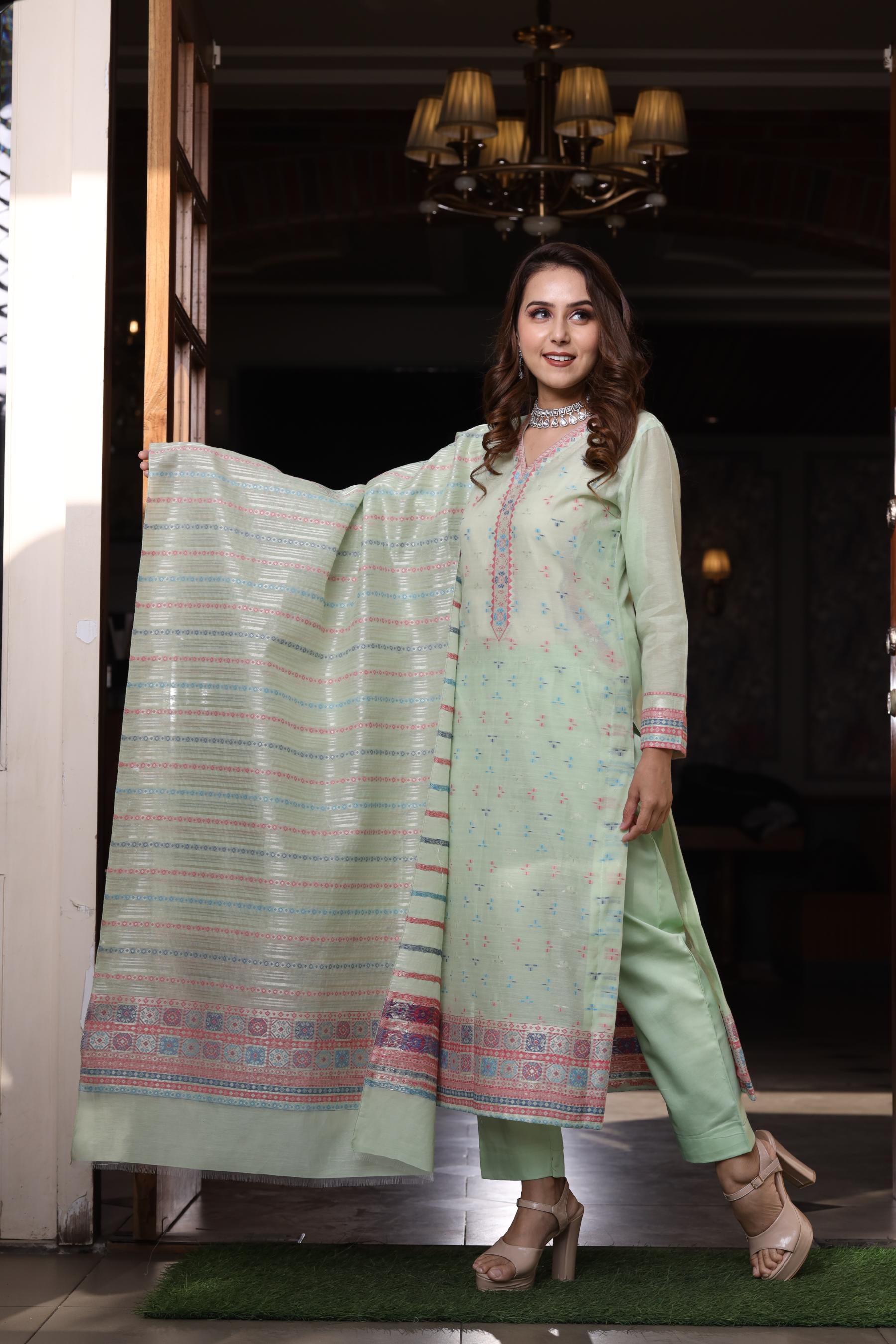 Kidar's Unstitched Cotton Silk Suit In Pista