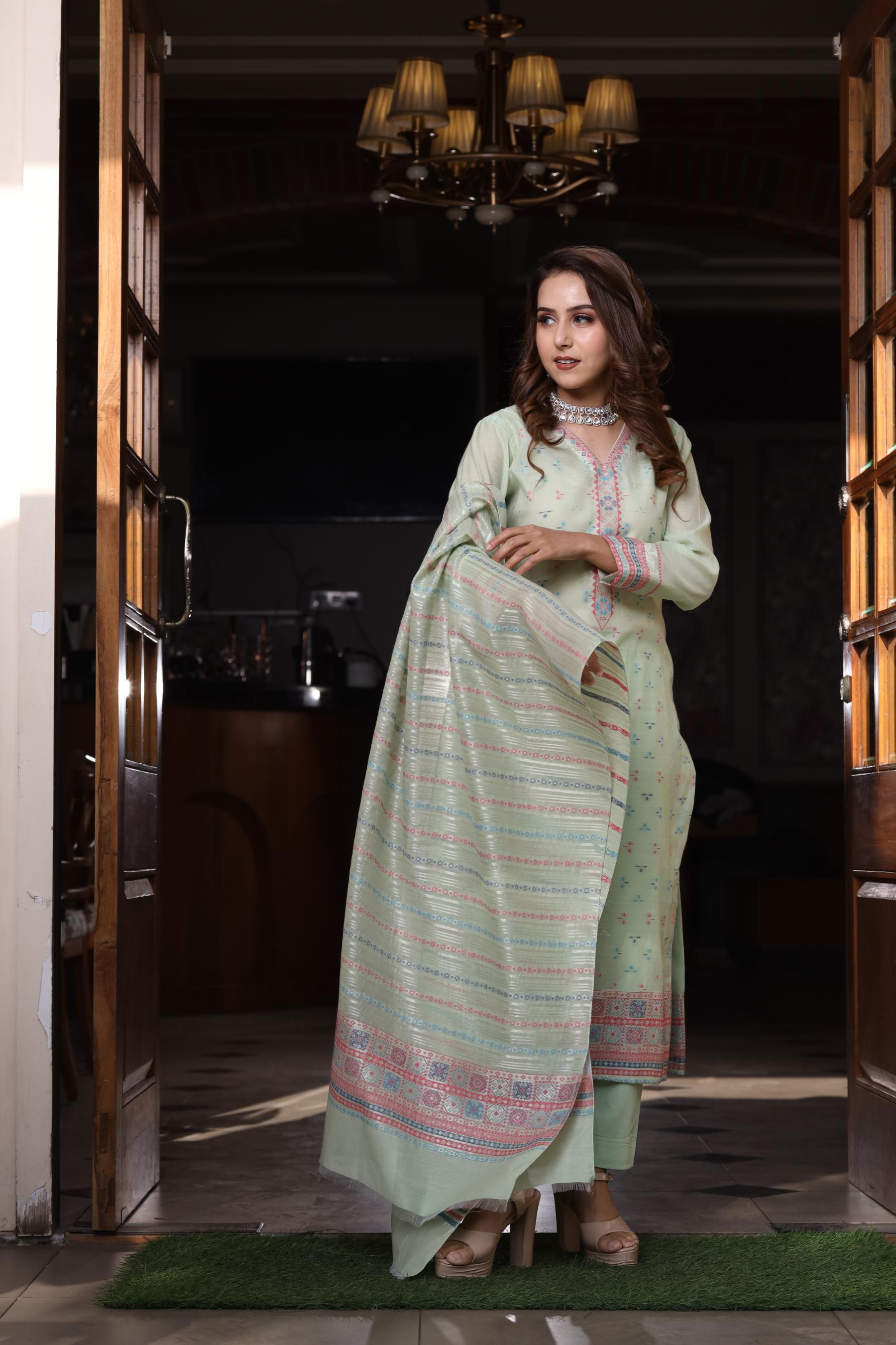 Kidar's Unstitched Cotton Silk Suit In Pista