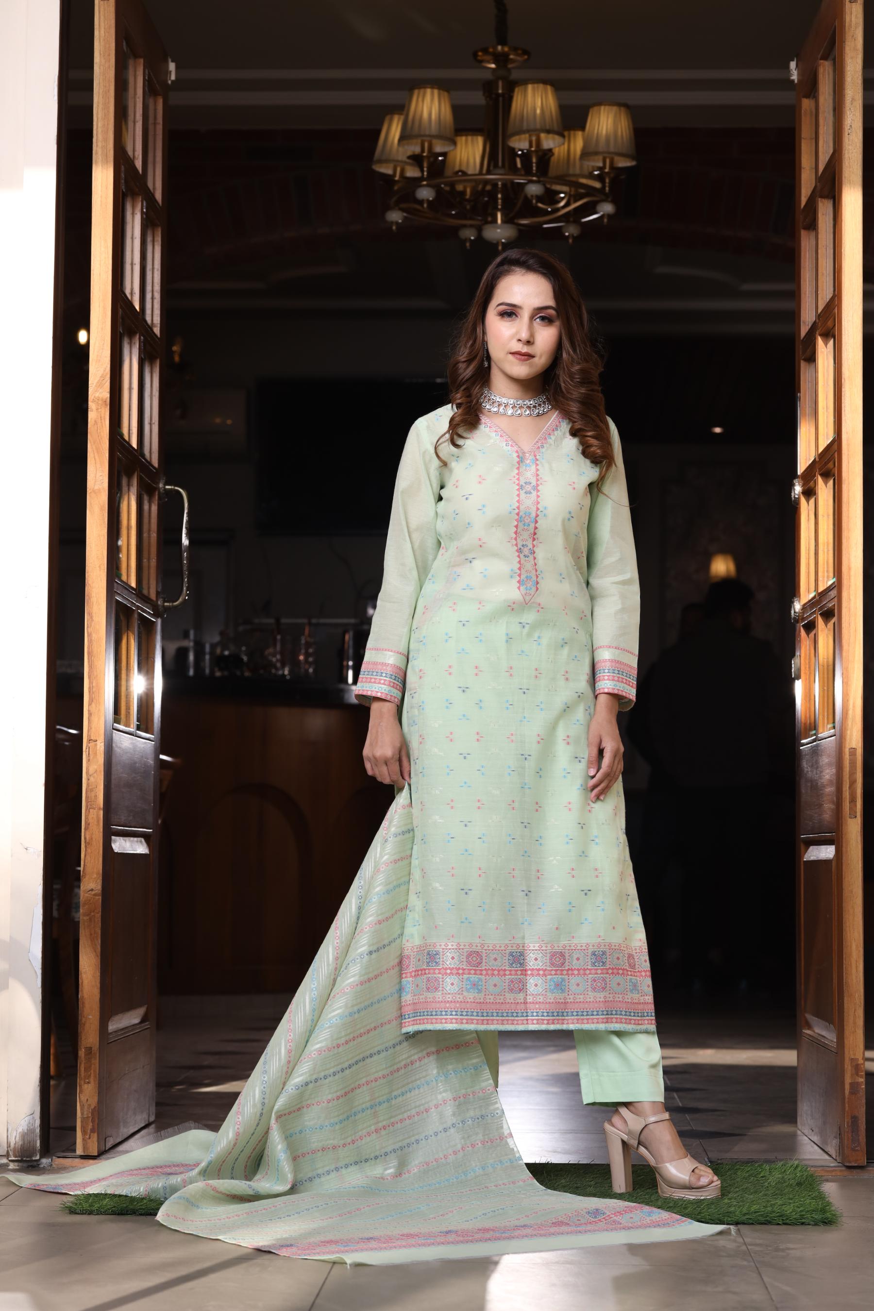 Kidar's Unstitched Cotton Silk Suit In Pista