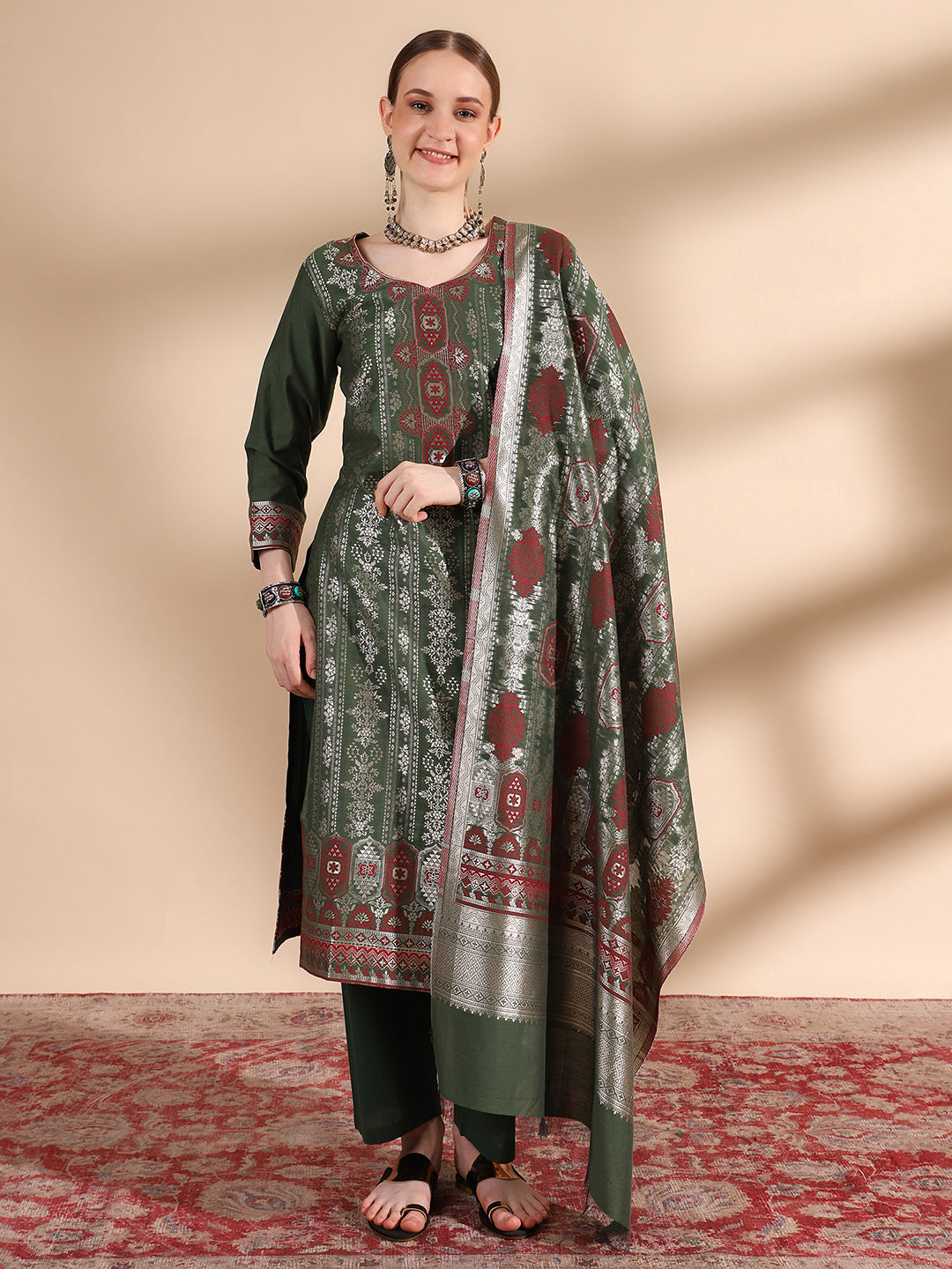 Kidar Ethnic Printed & Embrodered Straight Kurta with Pant & Dupatta - B.green