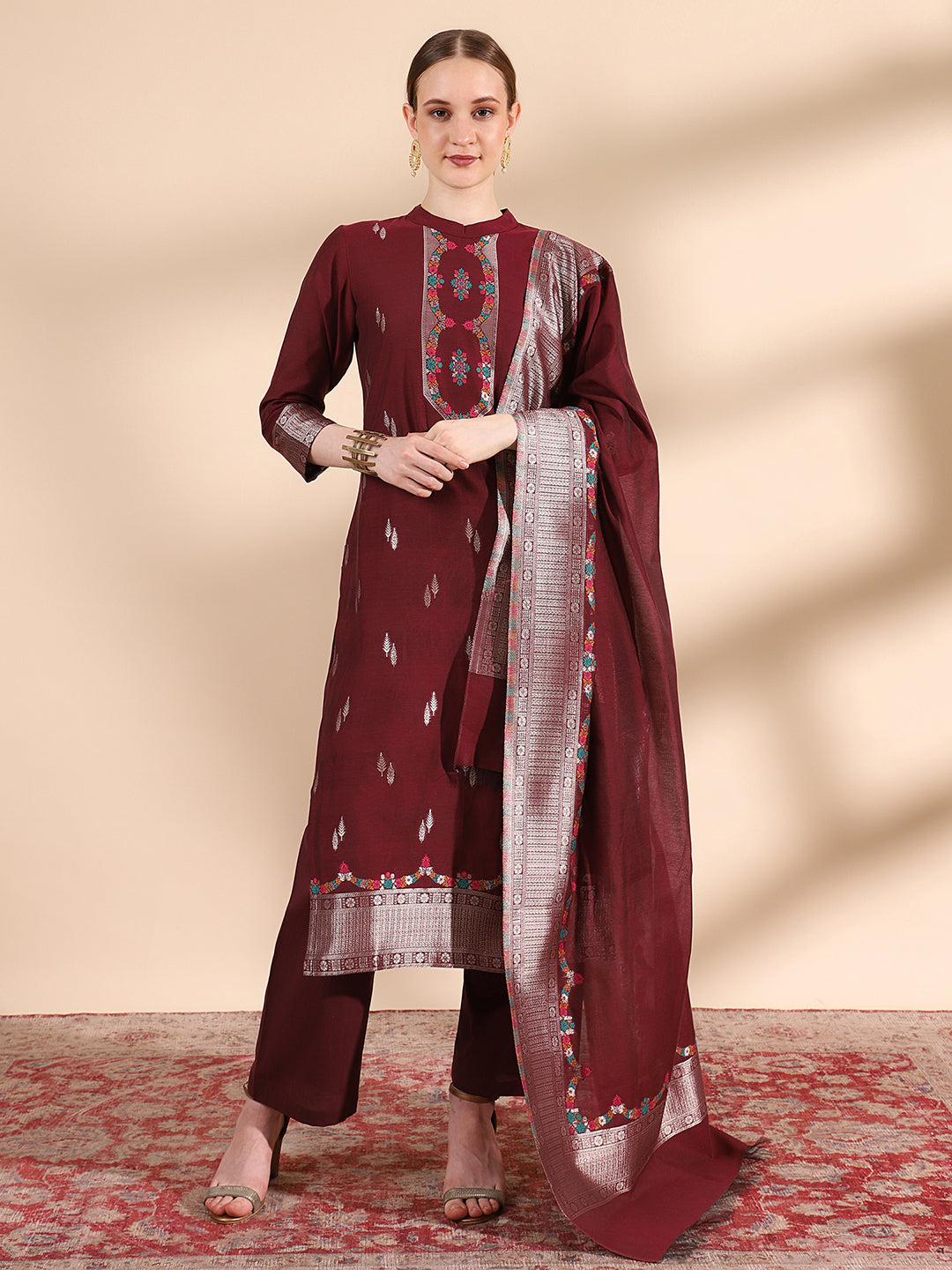 Kidar Floral Printed Kurta with Pants & Dupatta - Wine