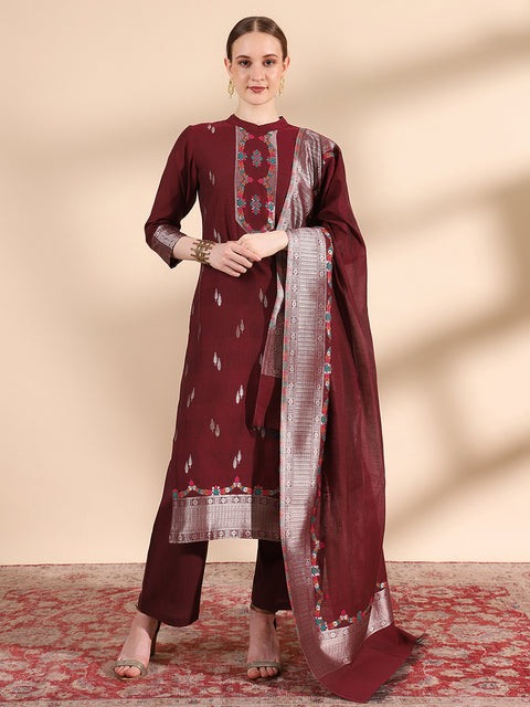 Kidar Floral Weave Kurta with Pants & Dupatta - Wine