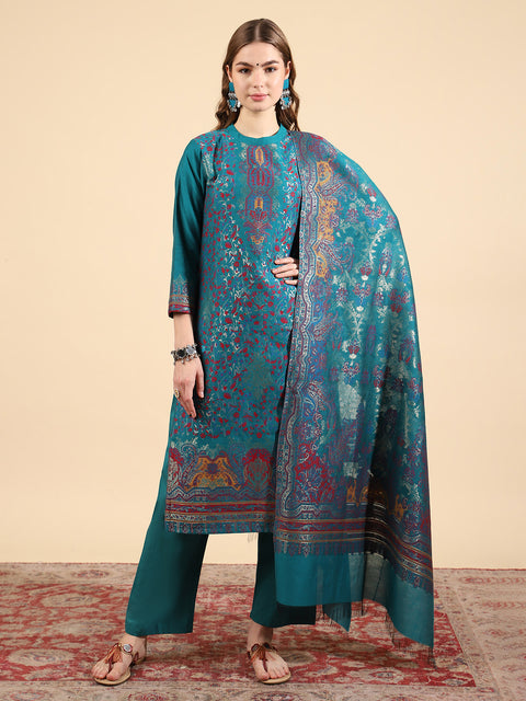 Kidar Ethnic Weave & Embordered Straight Kurta with Pant & Dupatta - New Green