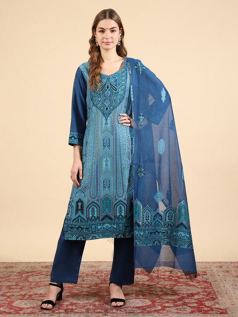 Kidar Royal Blue Organic Cotton Pant Suit with Weave Dupatta"