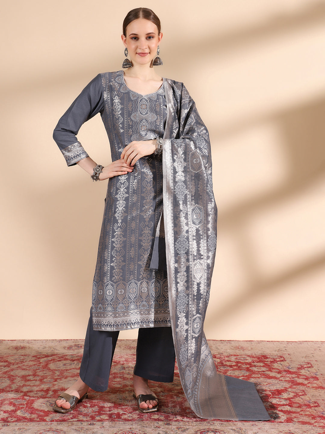 "Kidar's Grey Cotton Silk Kurta Set: Sizes S to 5XL"