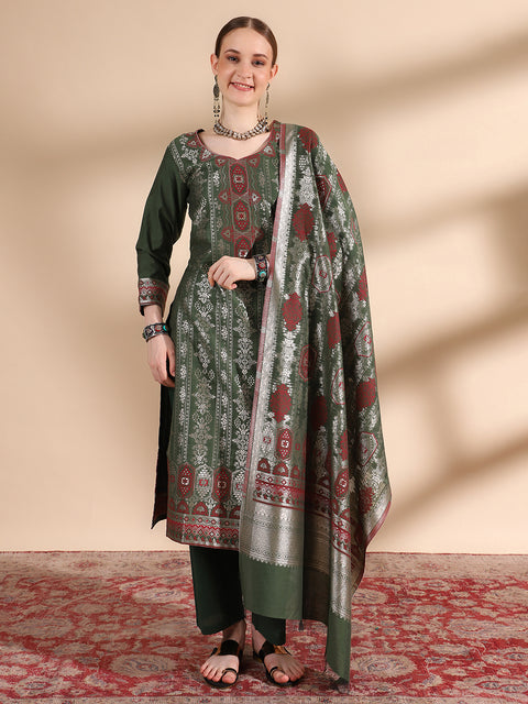 Kidar Ethnic Weave & Embordered Straight Kurta with Pant & Dupatta - B.green