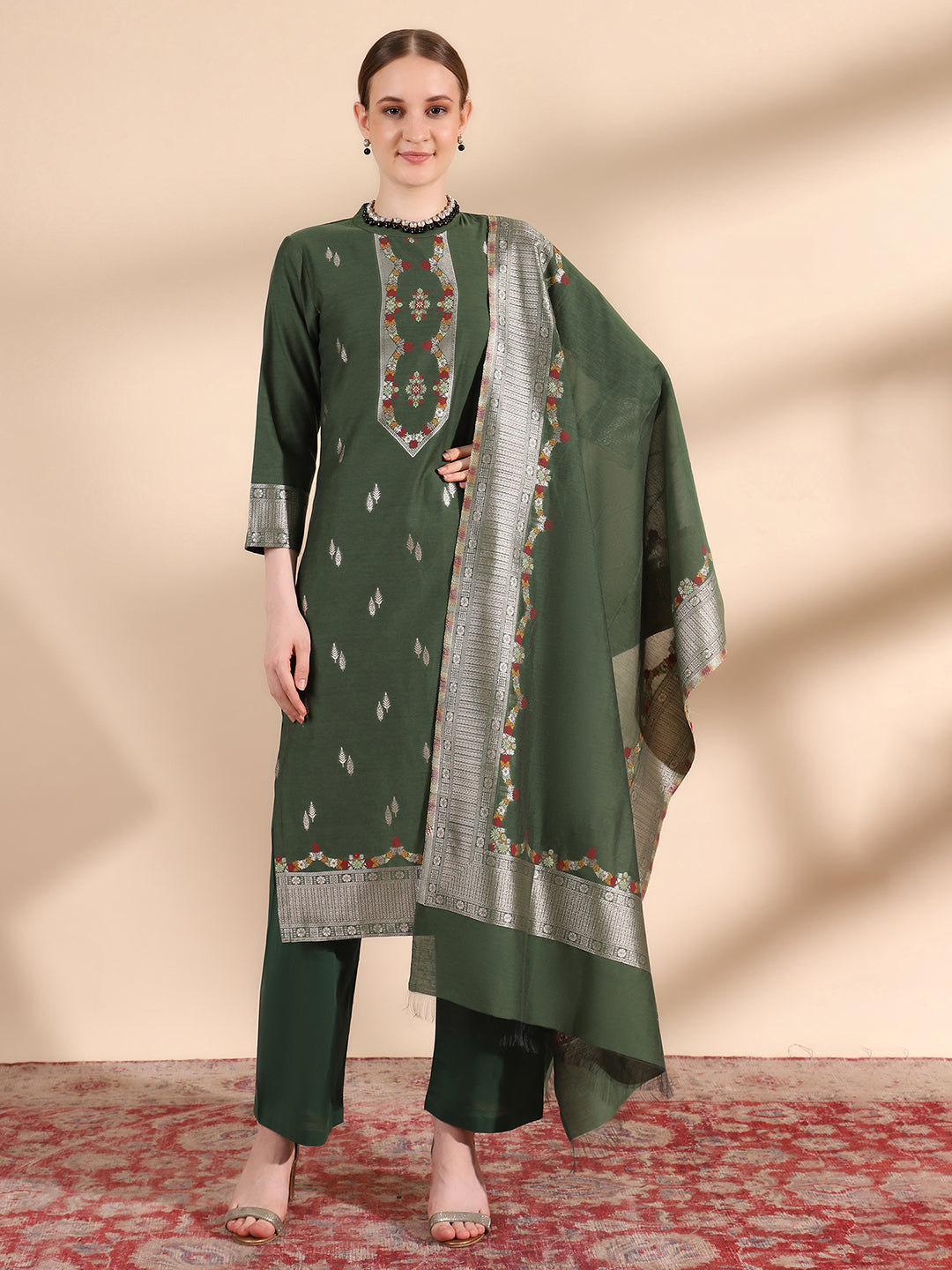 Kidar Ethnic Printed & Embordered Straight Kurta with Pant & Dupatta - b-green